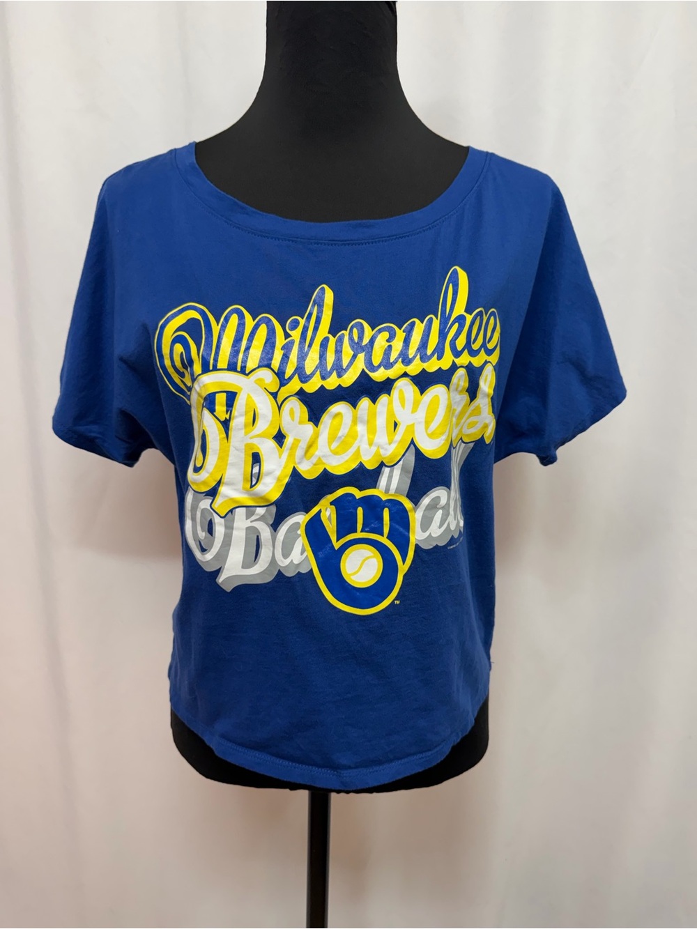 Milwaukee Brewers Women’s Large MLB Blue Graphic Crop Top Baseball T-Shirt